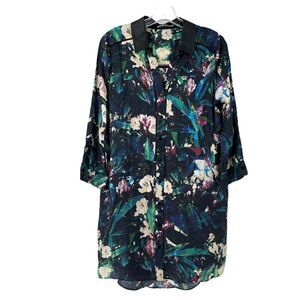 Townsen Dress Silk Blend Floral Mini Shirt Dress Vegan Leather Collar Size Small